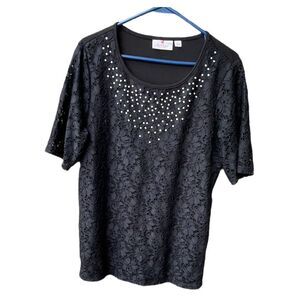 QVC Quacker Factory size L lace pearl rhinestone embellished top.